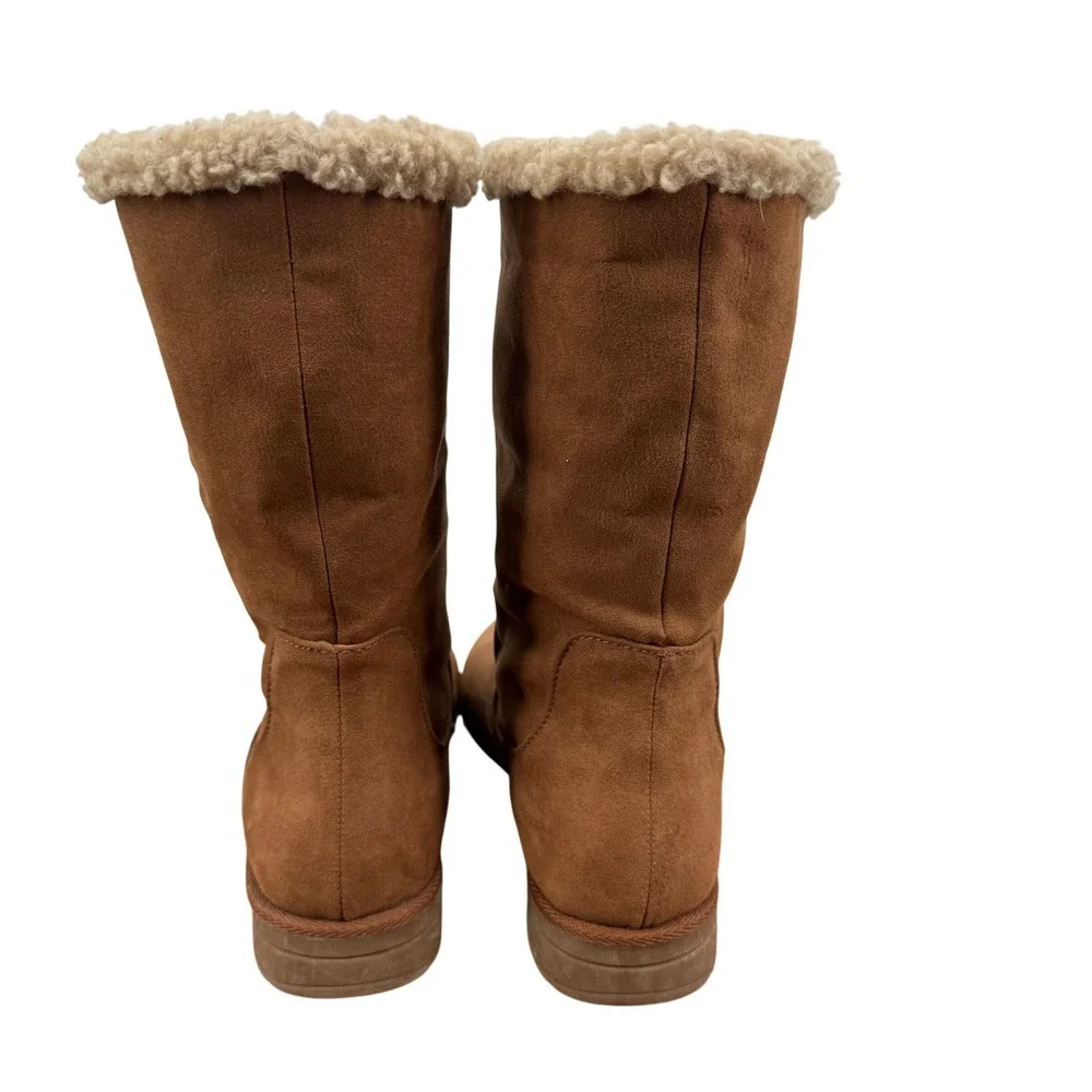 Old Navy‎ Womens Faux Suede Mid Calf Boots Brown Faux Fur Trim Side Zip Size 9